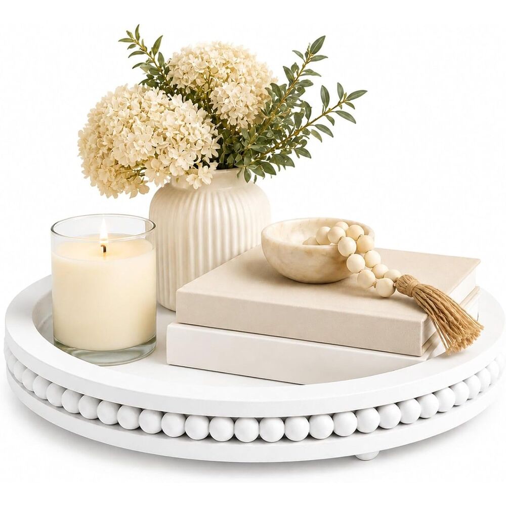 Farmhouse 12" Round Wood Decorative Tray White Rustic Candle Holder Centerpiece